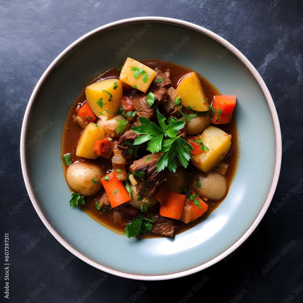 Lamb stew with root vegetables, created with Generative AI. Lamb stew with root vegetables, created with Generative AI.