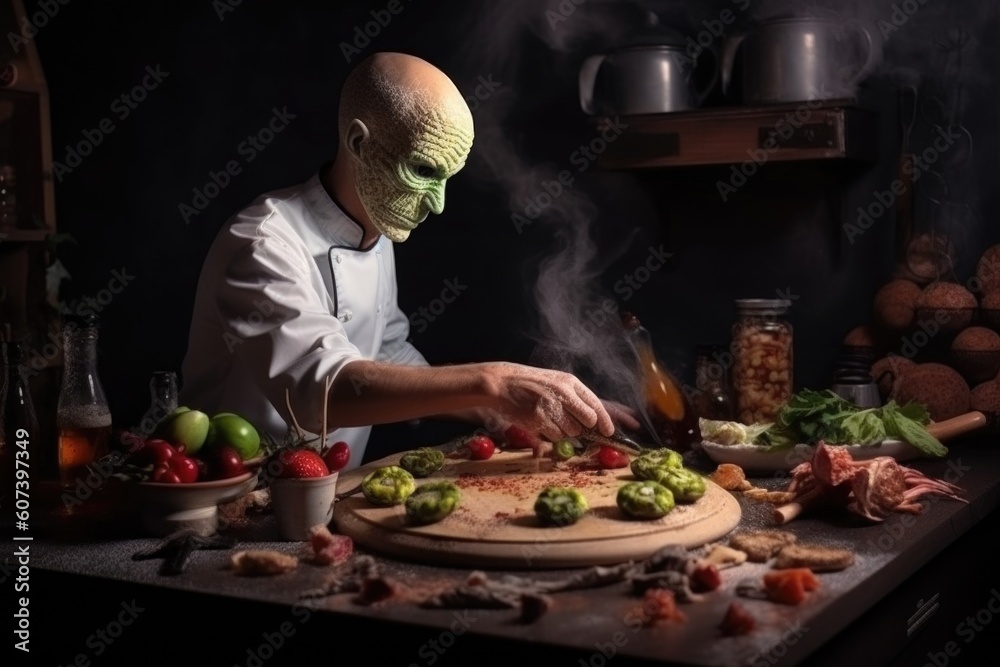 alien chef preparing mouth-watering pizza, with toppings and crust consisting of exotic ingredients, created with generative ai