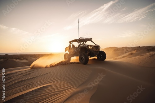 off-road vehicle flying over dunes, with the sun setting in the background, created with generative ai © altitudevisual
