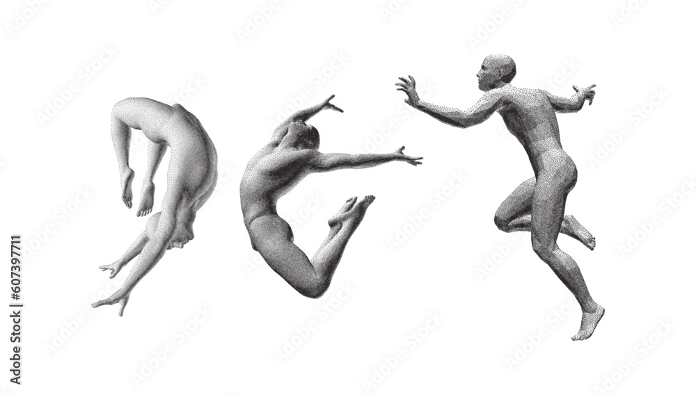 Fototapeta premium The man wanders. Leadership, freedom or development concept. Сouple jumping face to face. Gymnastics activities for icon health and fitness community. Pixel art. 3D vector illustration.