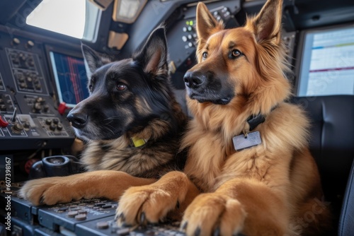 cat and dog team  working together in the cockpit  with furry paws on the controls  created with generative ai