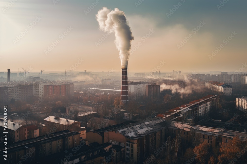 smokestack belching smoke into the sky, with polluted cityscape visible in the background, created with generative ai