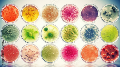 Macro close up shot of bacteria and virus cells in a scientific laboratory petri dish. Generative ai 
