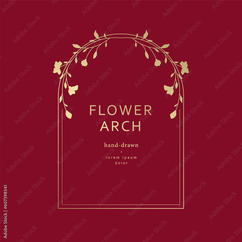 Arched frame with golden flowers and leaves on a red background. Vector ...