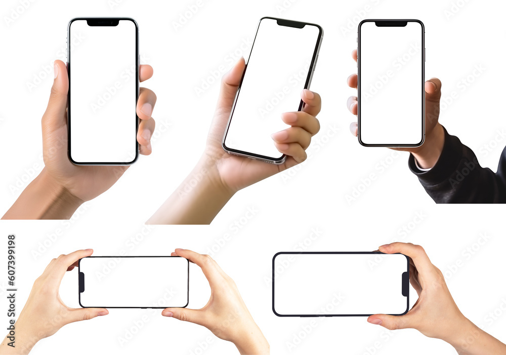 Hand holding handphone smartphone on transparent background cutout, PNG file. Mockup template for artwork design. perspective positions many different angle, upright horizontal - obrazy, fototapety, plakaty 