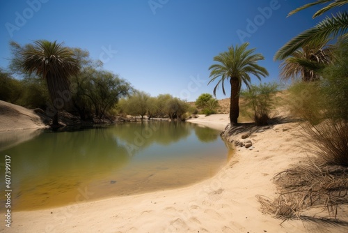 desert oasis with clear blue sky and warm sun, ideal for a picnic or day of exploration, created with generative ai