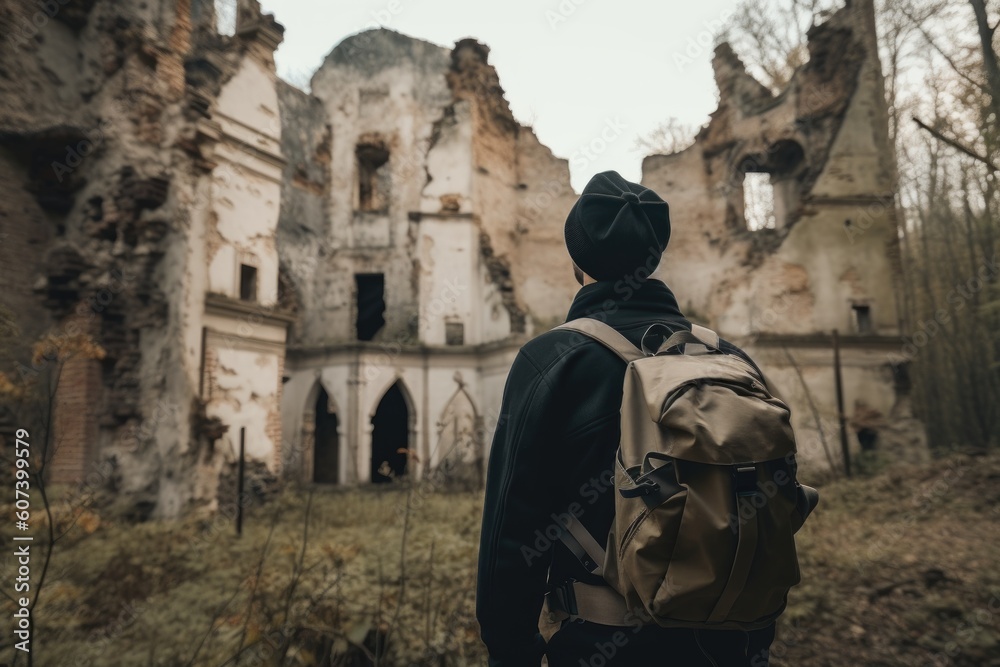 adventure traveler exploring historic ruins with backpack and camera, created with generative ai