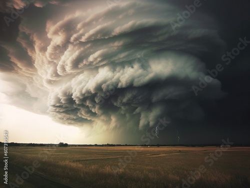 category 5 tornado twister over fields in rural area showing big circular storm clouds, generative ai