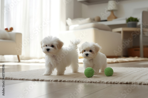 A litter of Maltese puppies playing with toys and balls in a bright living room.