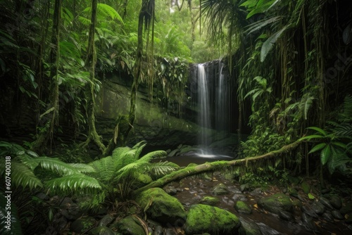 majestic waterfall cascading into a lush rainforest, created with generative ai