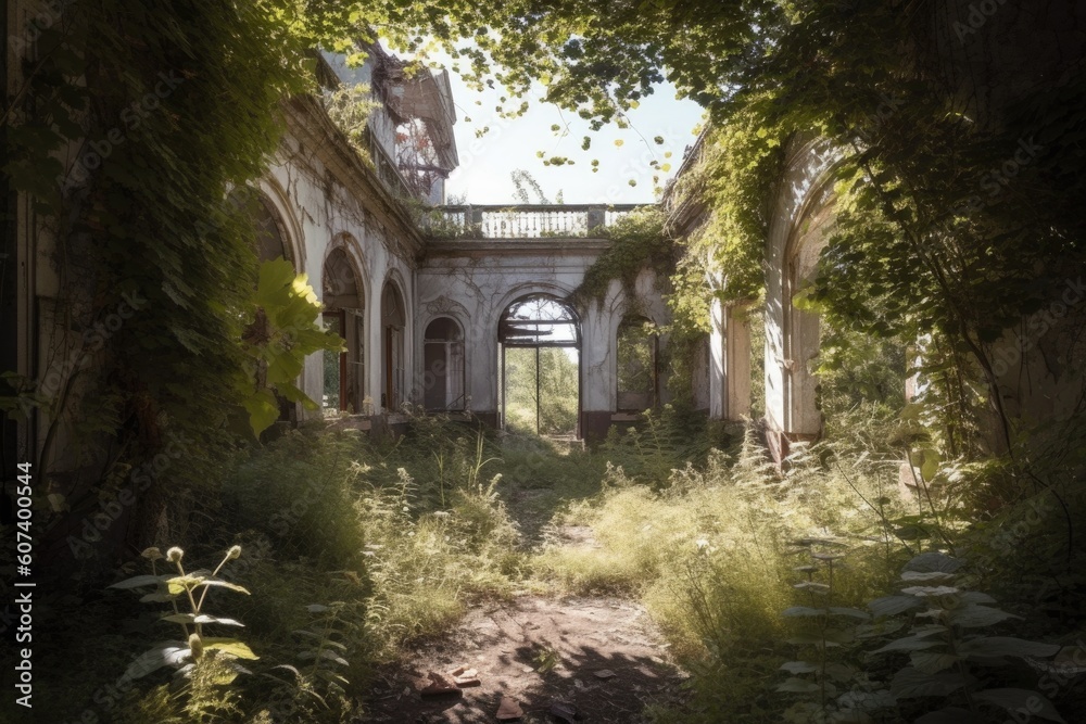 overgrown and forgotten garden in abandoned villa, created with generative ai