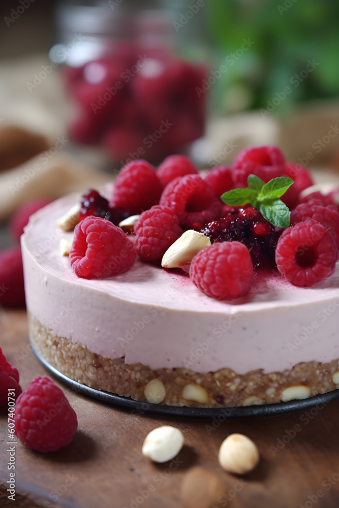 No bake cheesecake with raspberry cream, created with Generative AI. No bake cheesecake with raspberry cream, created with Generative AI.