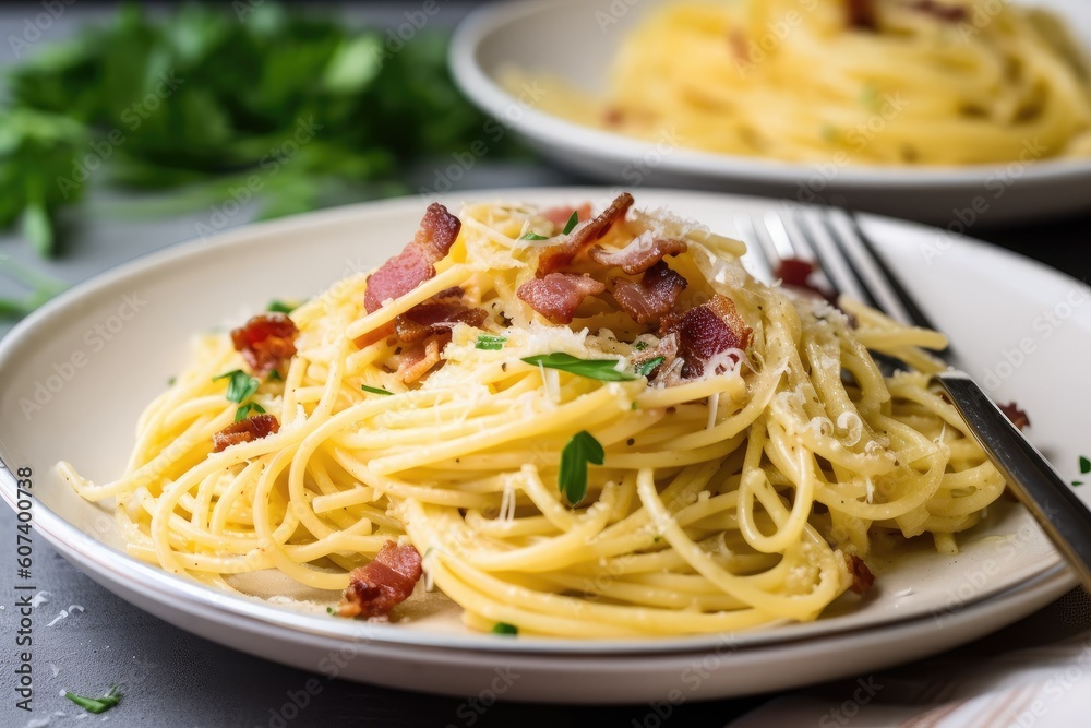 serving of spaghetti carbonara topped with freshly cracked black pepper, created with generative ai serving of spaghetti carbonara topped with freshly cracked black pepper, created with generative ai