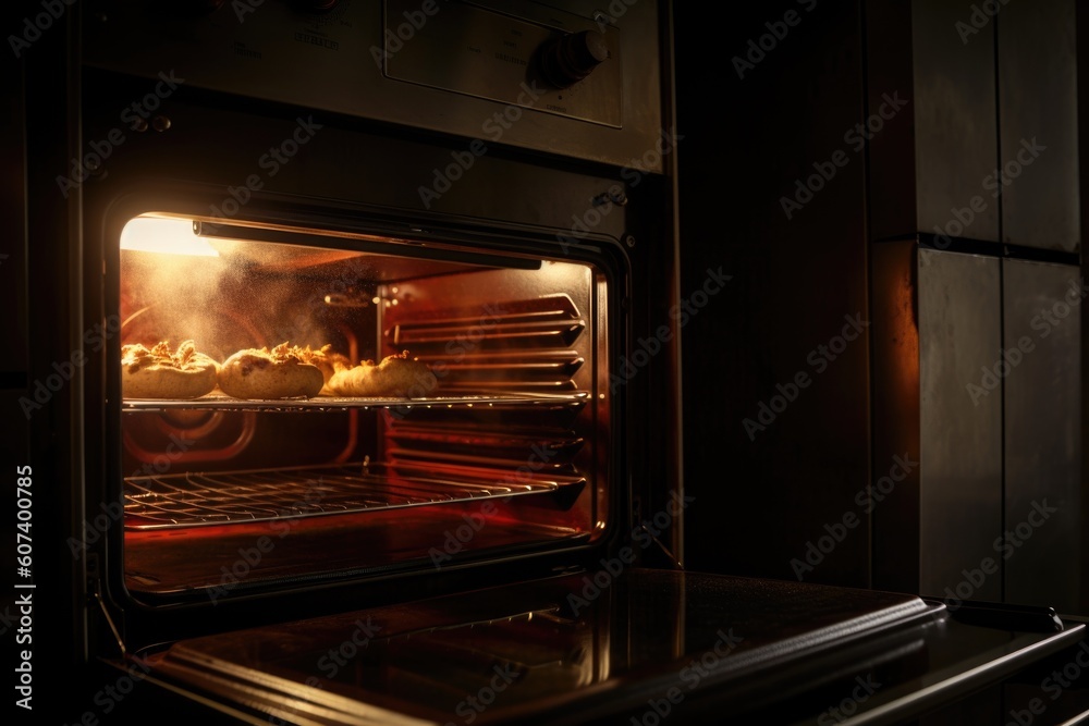 oven with warm glow and steam escaping, ready for baking or roasting, created with generative ai oven with warm glow and steam escaping, ready for baking or roasting, created with generative ai