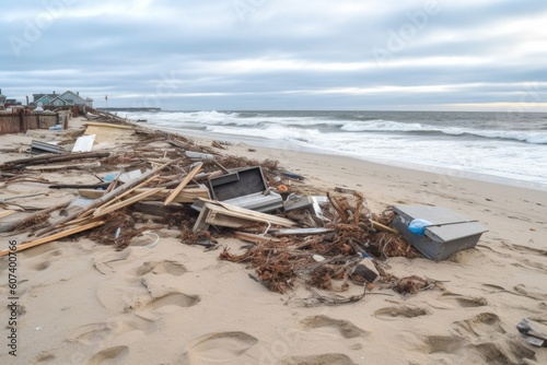 beach cleanup after storm, with debris and wreckage from the storm visible, created with generative ai