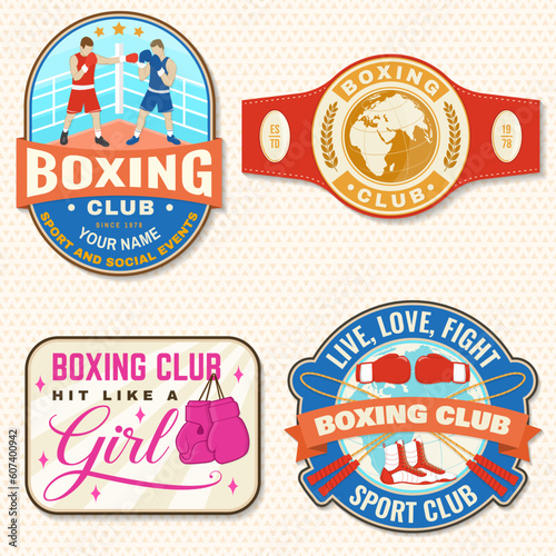 Set of Boxing club badge, logo, patch design. Vector. For Boxing sport club emblem, sign, shirt, template. Vintage retro patch, label, sticker with jump rope, boxing gloves and boxing shoes silhouette