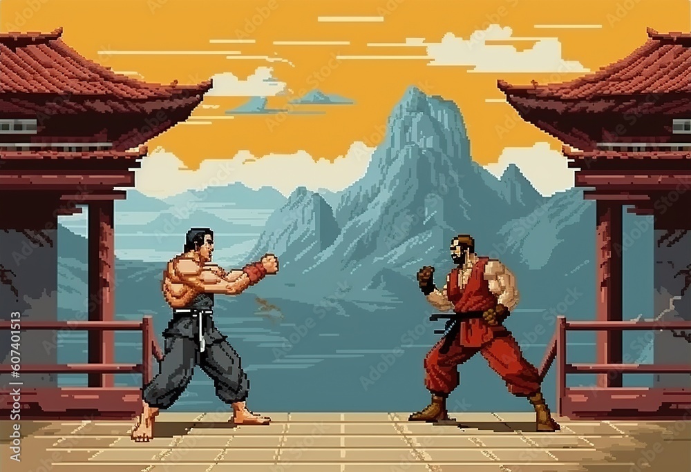 Fototapeta premium A retro computer game fighter level. Pixel art arcade video. Generative AI