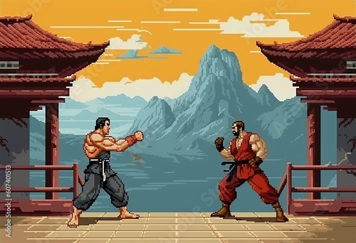 A retro computer game fighter level. Pixel art arcade video. Generative AI