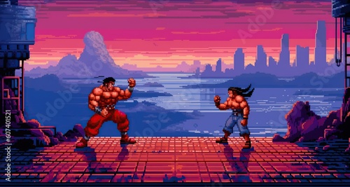 A retro computer game fighter level. Pixel art arcade video. Generative AI