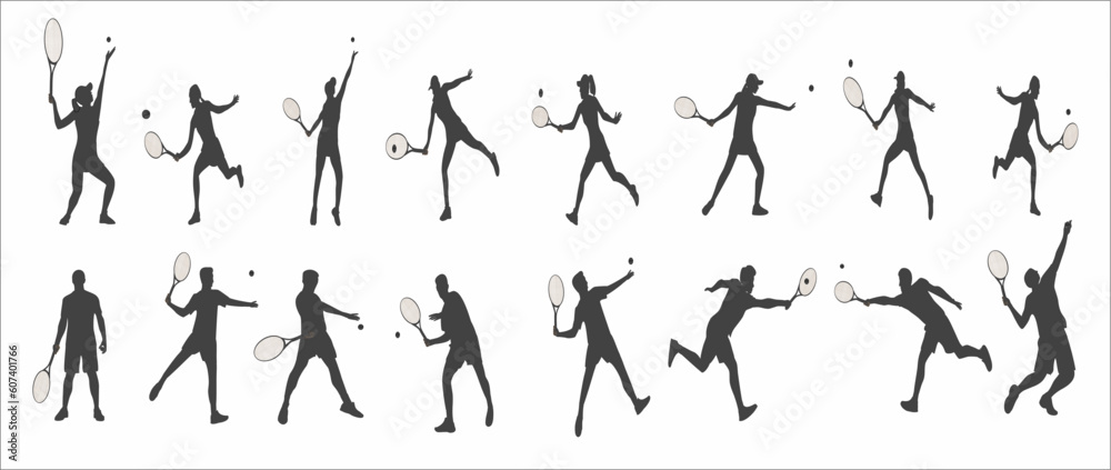 A set of men and women tennis players silhouette on white background. Vector illustration