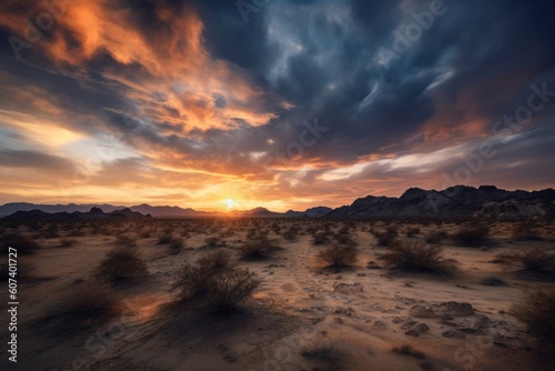desert landscape with dramatic sunrise and cloud formation, created with generative ai © altitudevisual