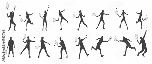 A set of men and women tennis players silhouette on white background. Vector illustration