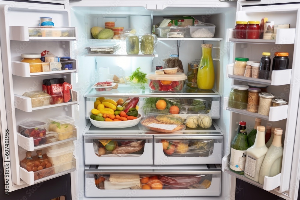 an energy-efficient refrigerator, with the door open, displaying its clean and organized interior, created with generative ai an energy-efficient refrigerator, with the door open, displaying its clean and organized interior, created with generative ai