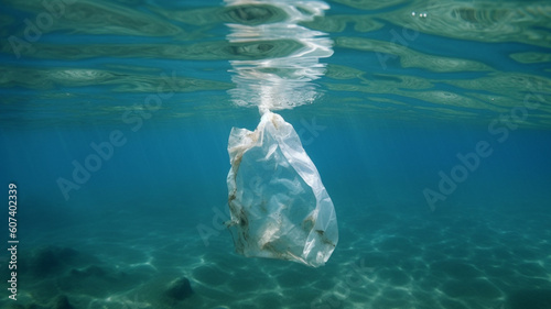 Plastic bag in a water. Plastic pollution in the international ocean