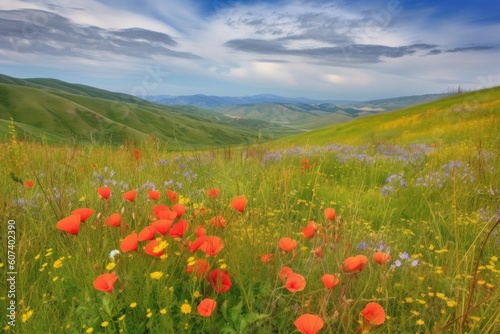 landscape with rolling hills and vibrant wildflowers, created with generative ai