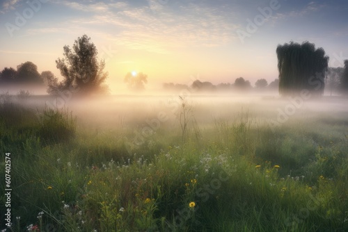 misty meadow  with a clear view of the sunrise  in serene and peaceful scene  created with generative ai