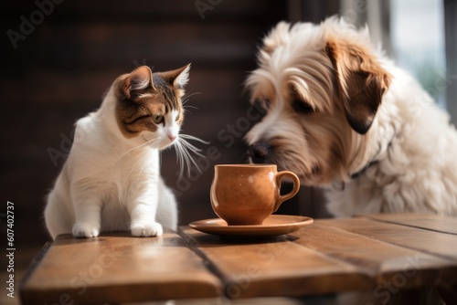coffee break ritual with pet or friend joining in on the fun, created with generative ai