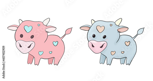 Bull symbol of 2021 on a white background. Set of two cartoon illustrations of bulls with hearts. Design for postcards, paper, notebooks, packaging, fabrics, children's clothing.