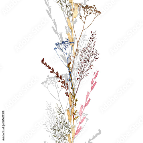 Seamless vertical border dry wild flower branches. Pattern from a watercolor herbarium. Design for packaging, duct tape, scotch tape, fabric, paper, frame, wallpaper, textiles. Hand drawing.