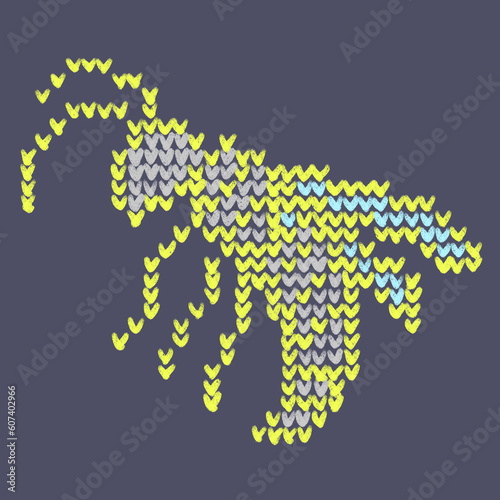 Pixel pattern wasp on grey background. Abstract illustration crocheted texture.