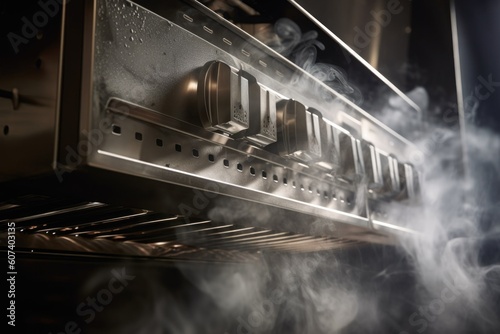 close-up of oven vent, with smoke and steam billowing out, created with generative ai