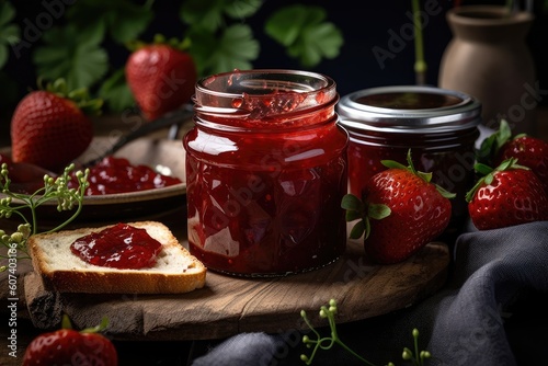 jar of homemade strawberry jam, ready to be served on toast or enjoyed with cheese and crackers, created with generative ai