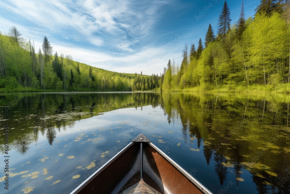 canoeing or kayaking on the calm waters of a lake, with beautiful scenery visible, created with generative ai