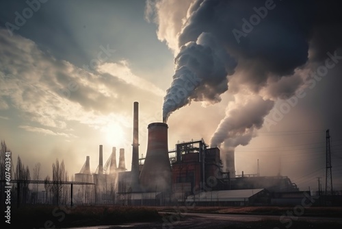 industrial factory, with smoke billowing from its chimneys and air pollution visible in the atmosphere, created with generative ai