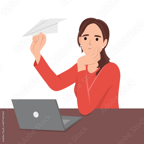 Unmotivated woman freelancer procrastinating sitting at office desk with laptop and launching paper planes. Unmotivated office worker needs support from manager. Flat vector illustration isolated 