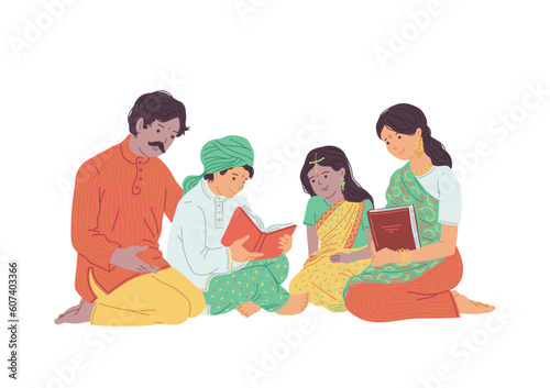 Indian family reads sacred books or prays, flat vector illustration isolated.