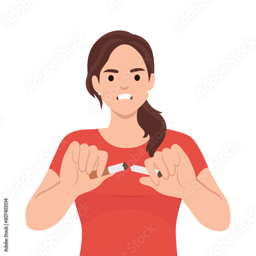 Woman with smile breaks cigarette as sign of fight against nicotine addiction and tobacco smoking. Girl breaks cigarette refusing to use products of tobacco corporations that are harmful to health. 