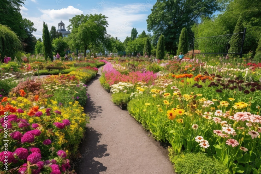 botanical garden, with blooming flowers and greenery in full bloom, created with generative ai
