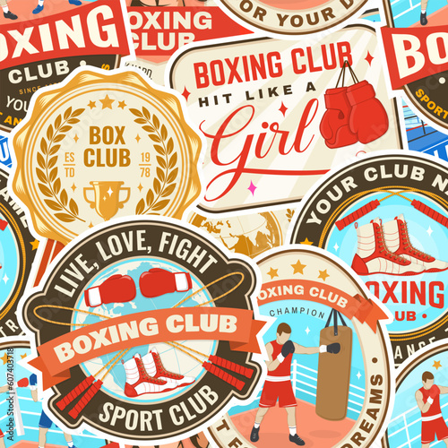 Boxing club seamless pattern. Vector illustration. Background with Boxing sport club emblem, sign, patch. Concept for background or wallpaper with Boxer, gloves, boxing jump rope and shoes silhouette.