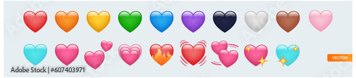 Iphone Whatsapp Heart Emojis set. Sparkling, growing, two Hearts, beating, revolving, broken, mending, heart exclamation, red, orange, yellow, green, blue, purple, brown, black, and white emoji.vector