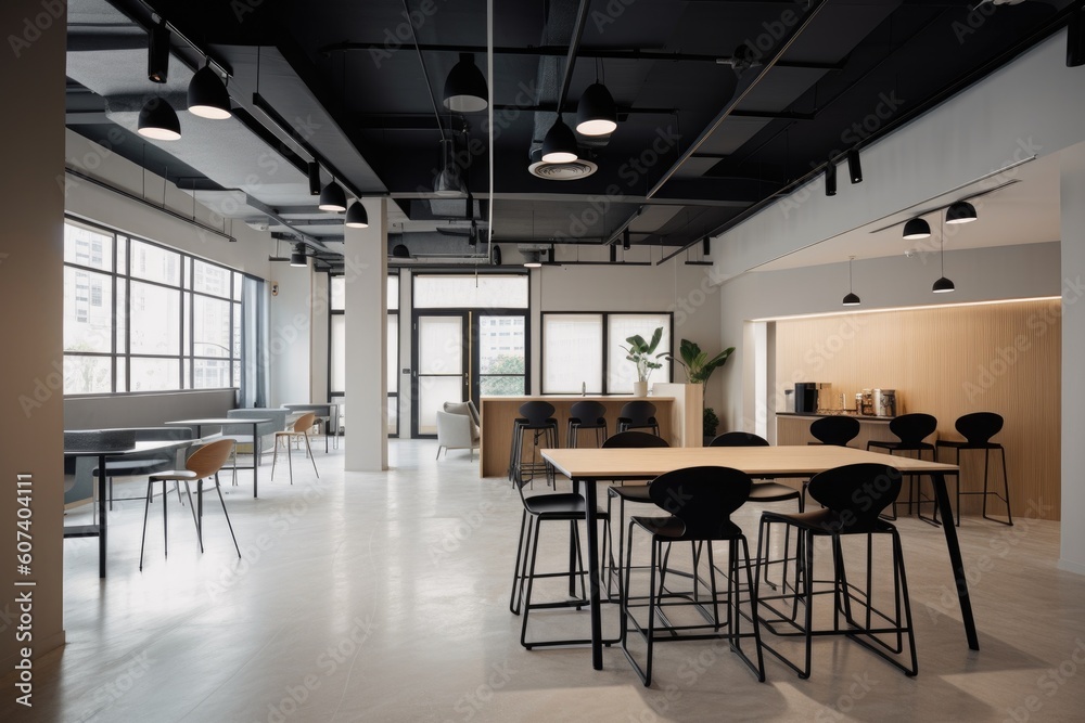 co-working space with modern furniture and sleek design, created with generative ai