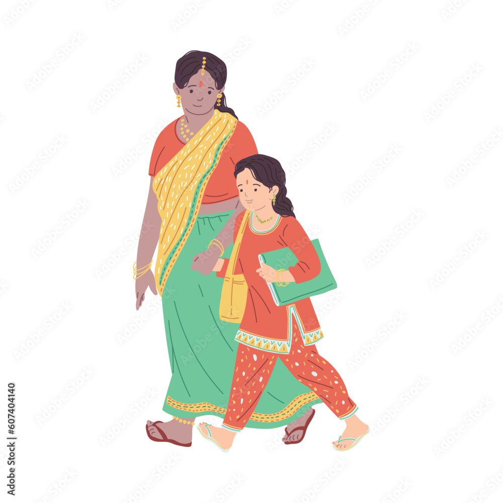 Indian mother and daughter in sari, flat vector illustration isolated.