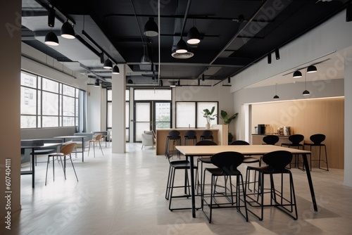 co-working space with modern furniture and sleek design, created with generative ai