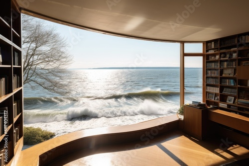 sunlit library  with view of the shoreline and waves rolling in  created with generative ai