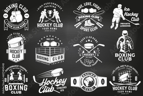 Set of Boxing club and Ice Hockey club badge, logo design on chalkboard. Vector. Sticker, patch with hockey player, sticker, puck , helmet, skates, Boxer, gloves, boxing jump rope and shoes Silhouette