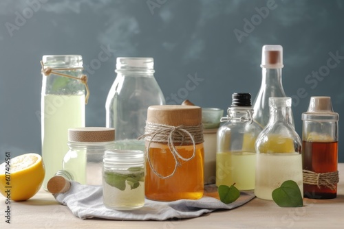a variety of homemade cleaning products in glass jars for easy storage and use, created with generative ai